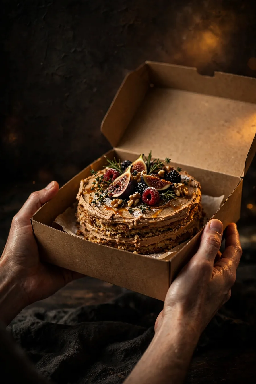 A cake carried in an open box
