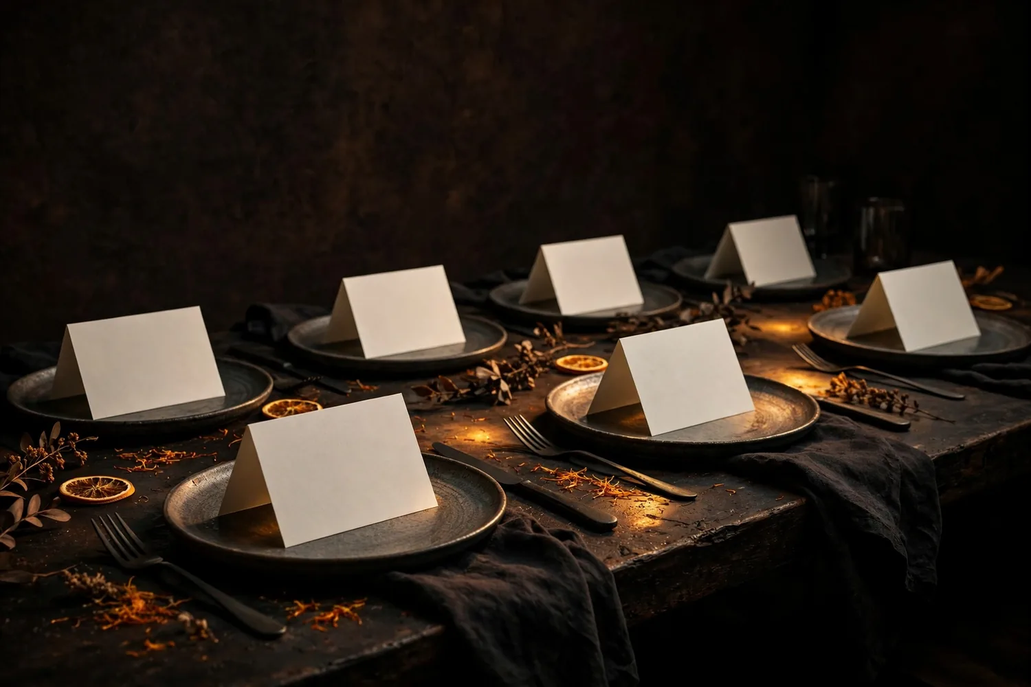Place cards on plates