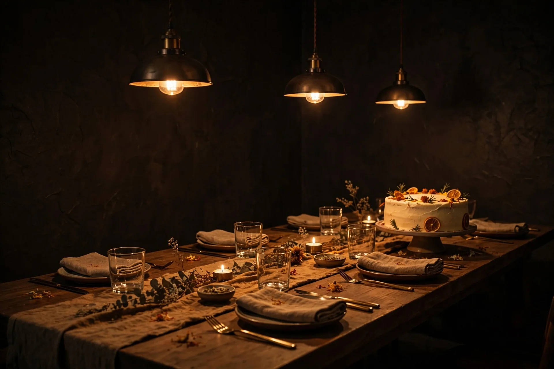 A table laid for a celebration under pendant lamps