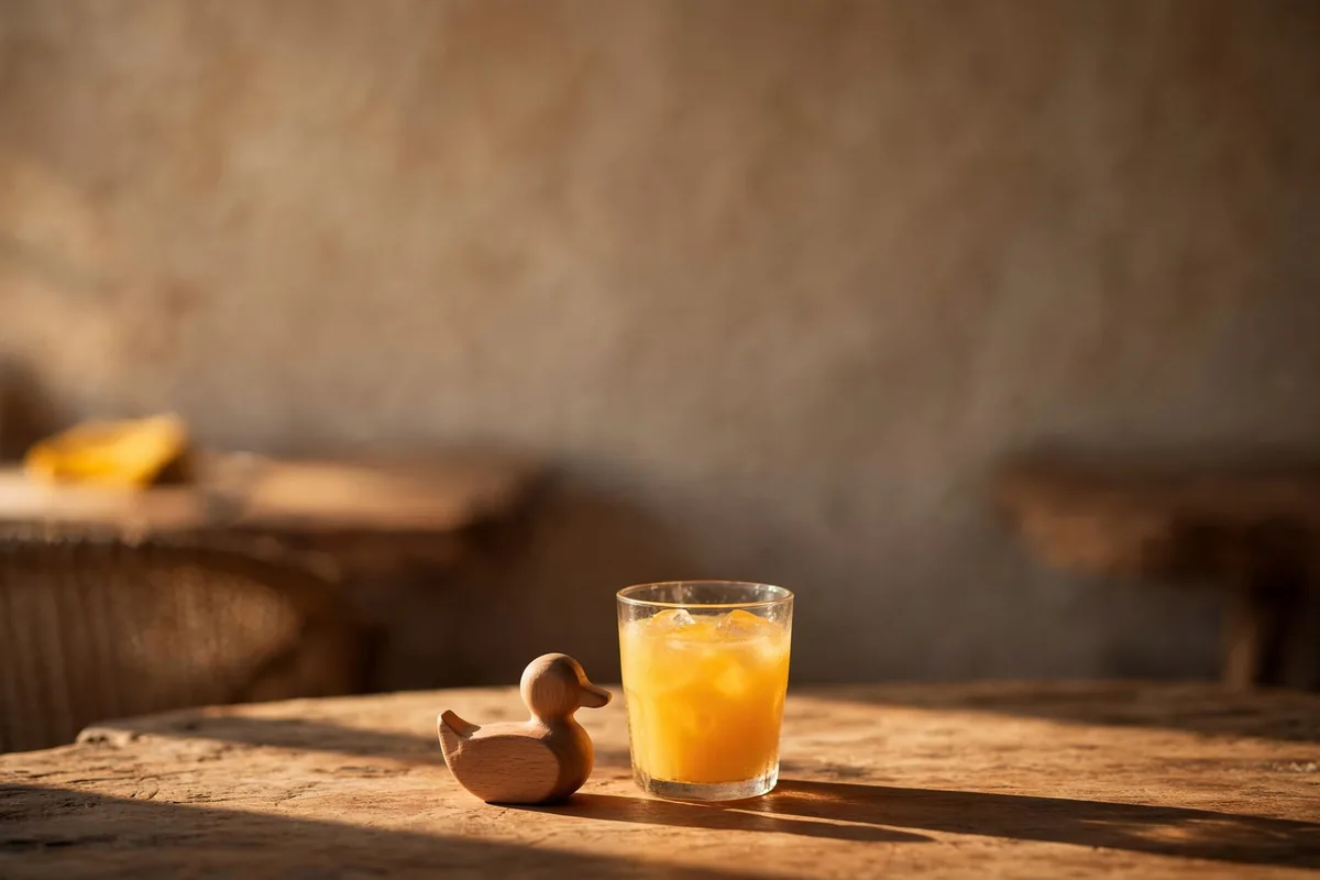 A small wooden toy beside a glass of juice