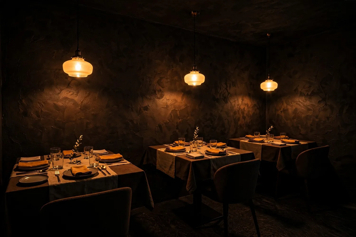 An empty dining room with set tables